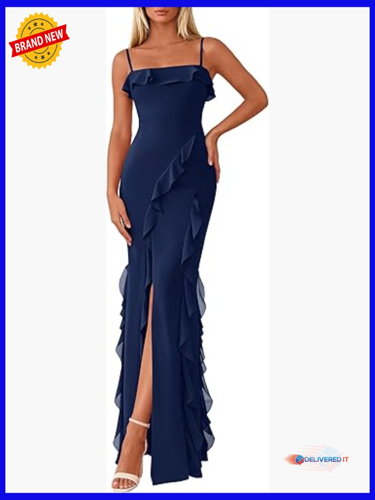Bodycon Maxi Dress Mesh Ruffle Spaghetti Strap Square Neck Formal Cocktail